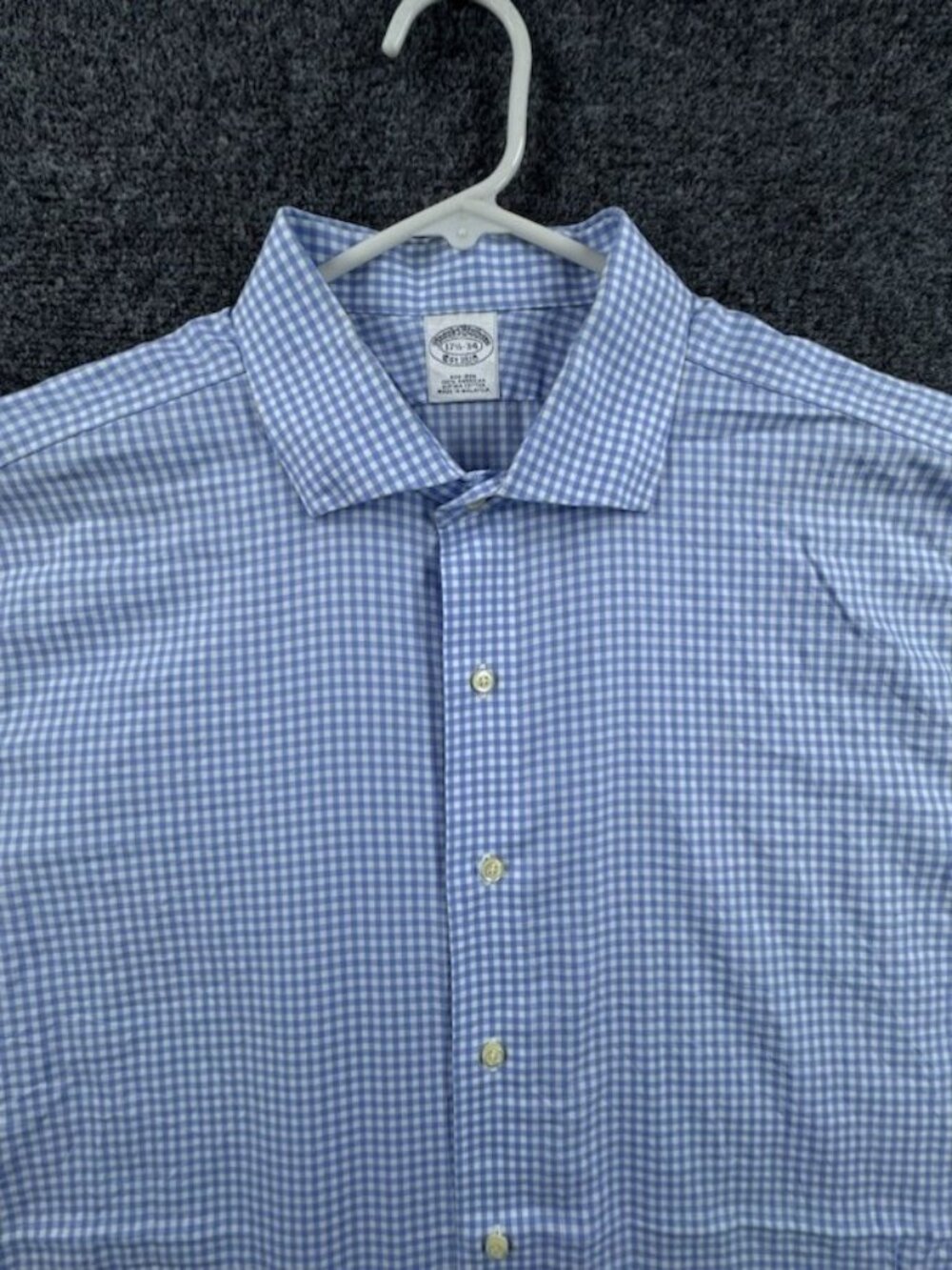 Brooks Brothers 17.5 34 Check Supima Non-Iron Cotton Blue Button Up Men Shirt